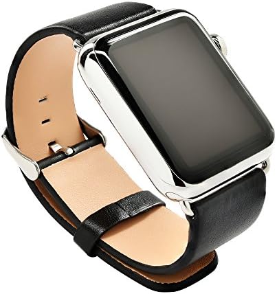 NatoSkull 42mm Apple Watch Band, Top-grain Leather Band Strap with Stainless Steel Metal Clasp for All 42mm Apple Watch Models (Black)