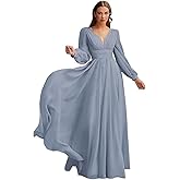 Chiffon Bridesmaid Dresses Long Pleated for Women V Neck Formal Party Maxi Gown with Long Puffy Sleeves DR0109