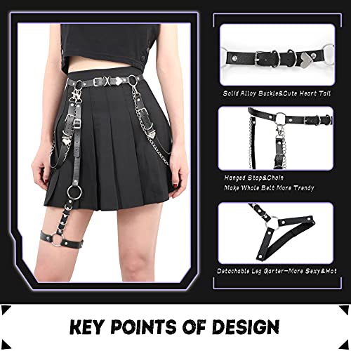 WERFORU Women Punk PU Leather Chain Belt Ladies Gothic Rock Waist Belt with Leg Harness Garter, Belt Suit for Waist Size 26-39 Inches, Leg Garter Suit for Thigh Girth below 61 Inches