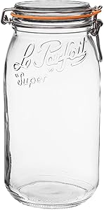 Le Parfait Super Jar - 3L French Glass Canning Jar w/Round Body, Airtight Rubber Seal & Glass Lid, 96oz/3 Quarts (Pack of 3) Stainless Wire
