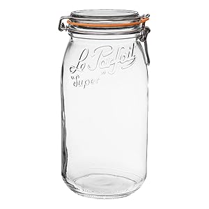 Le Parfait Super Jar - 3L French Glass Canning Jar w/Round Body, Airtight Rubber Seal & Glass Lid, 96oz/3 Quarts (Single Jar) Stainless Wire
