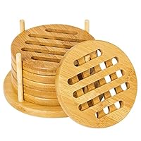 LONTAI Bamboo Drink Coasters Cup Mat with Holder 4inch Kitchen Heat Resistant Pads for Glass Mug Cup Pack of 6