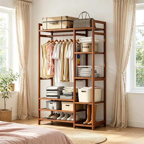 Perchero de Bambú Multiusos con 6 Niveles, Perchero para ropa Resistente con Barra para Colgar y Estantes de Almacenamiento, Adecuado para Dormitorio, Balcón y Lavandería,120 * 30 * 150CM（Marrón）