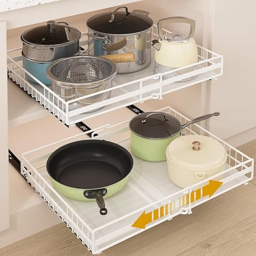 TOJUNE 2 Removable Kitchen Drawers with Sliding Rails (Set M+L) | Adjustable Width Expandable, Self-Adhesive/Drills with Nano Film for Kitchen, Pantry, Living Room (White)