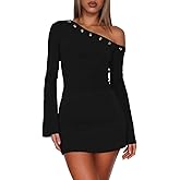 Women's One Shoulder Metal Ring Mini Dresses Sexy Flared Long Sleeve Slim Fit Bodycon Club Party Y2K Fall Dresses