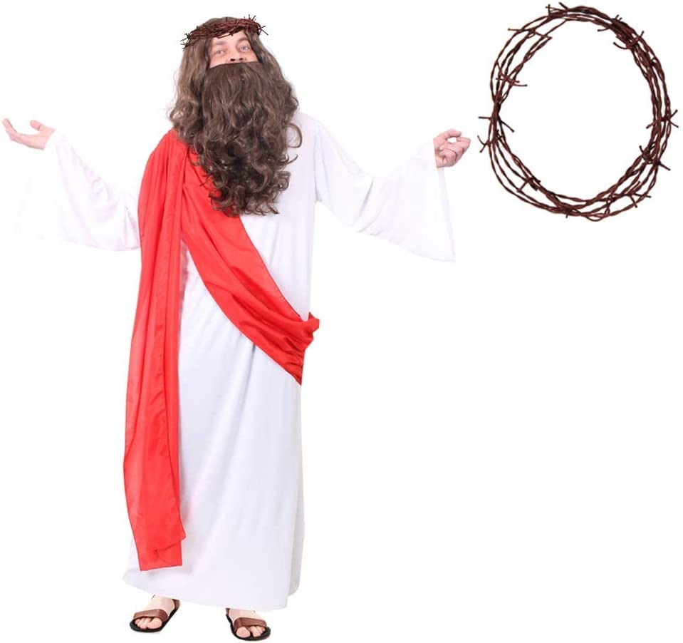 Jesus Christ Costume - X-Large - White Robe with Red Sash with Crown of Thorns - Mens Funny Fancy Dress Party Costume