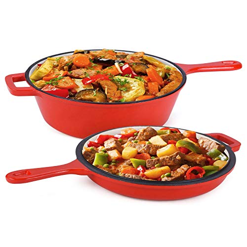 Enameled 2-In-1 Cast Iron Multi-Cooker - Heavy Duty 3.2 Quart Skillet and Lid Set, Cast Iron Saucepan and Shallow Skillet Lid Set Sauce Pot & Nonstick Frying Pan (Red)