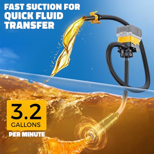 DIYtoolifz Cordless Fuel Transfer Pump with Auto-Stop, 3.2 GPM Flow Portable Fuel Pump Compatible with DeWalt 20V & Milwaukee 18V Batteries, with 41'' Hose, 3 Adapters for Diesel, Gasoline (Bare Tool)