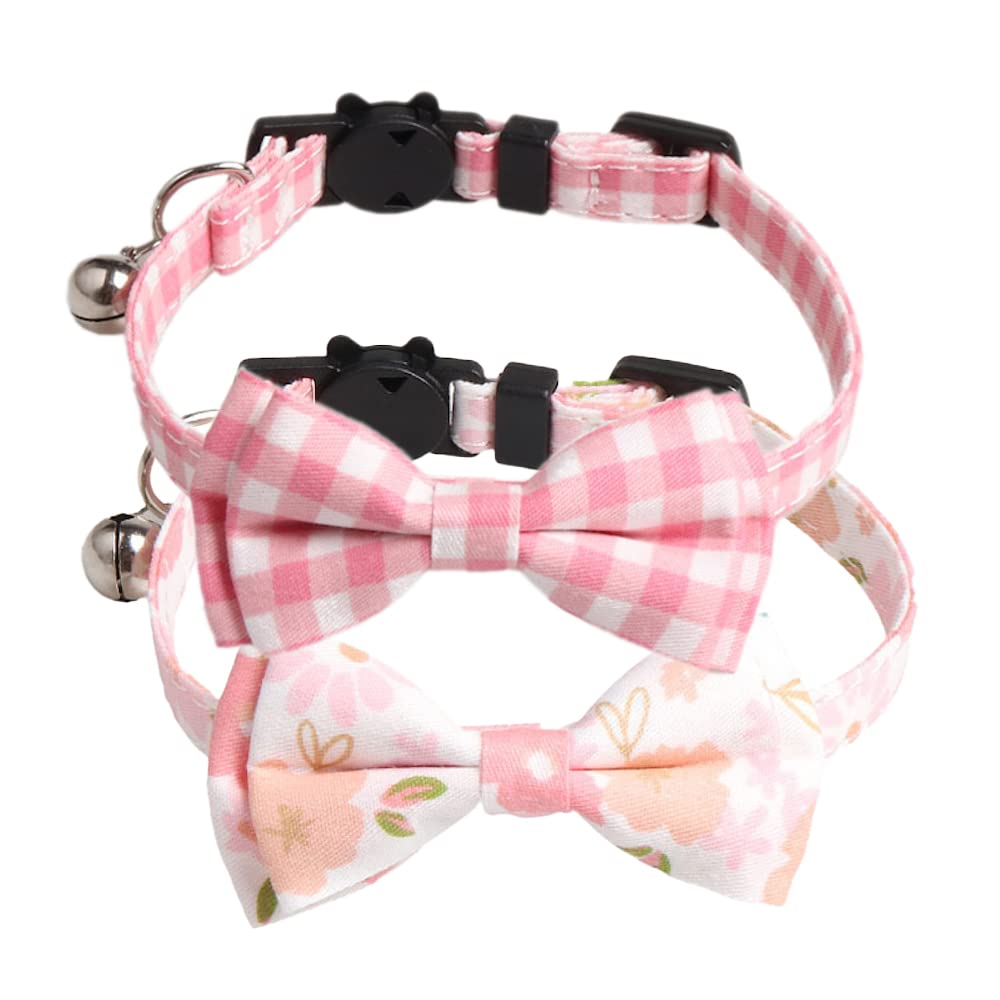 Pack of 2 Cat Collar with Safety Clasp and Bell, Cute Cat Collars with Bows, Adjustable Collar for Cats and Kittens, Collar for Pets, Pet Accessories, Pink Series B