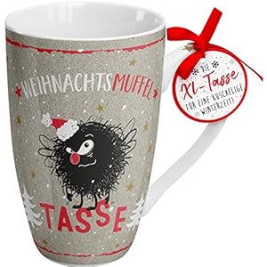 Die Geschenkewelt 49788 XL Tasse Happy Life Weihnachtsmuffel, 50 cl, Porzellantasse, Mehrfarbig