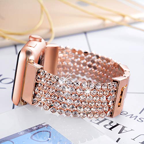 FresherAcc Compatible with Apple Watch Band 40mm 38mm iWatch Bands Series 4 3 2 1 Women Girls, Crystal Rhinestone Replacement Strap, Mesh Chain Jewelry Wristband (38mm/40mm Rose Gold)