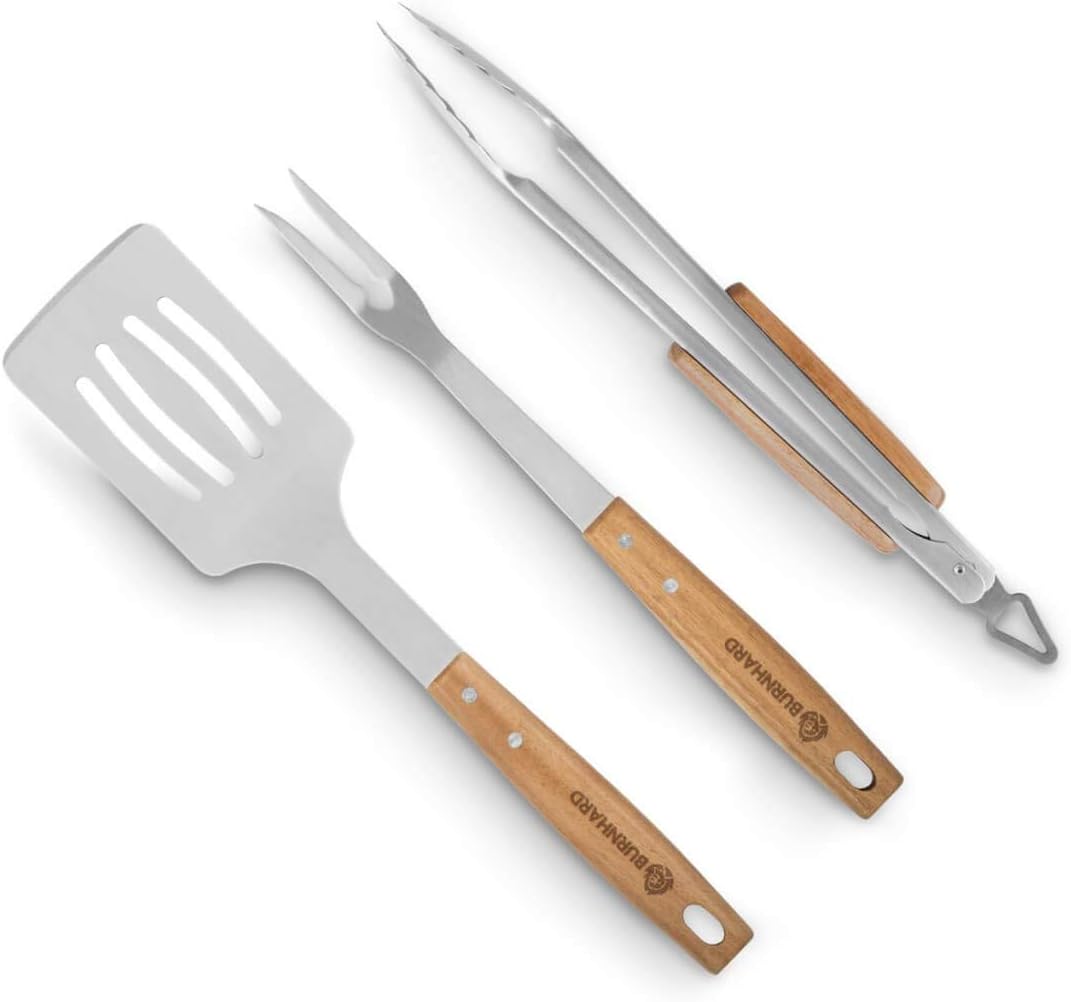 Burnhard Grillbesteck-Set 3 TLG. Akazienholz Edelstahl Grillzubehör mit Grillzange, Grillwender, Fleischgabel inkl. Gratis Rezept (PDF)