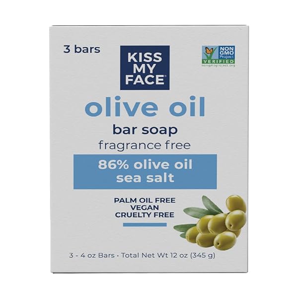 KISS MY FACE OLIVE OIL FRAGRANCE FREE BAR SOAP, MOISTURIZING BAR SOAP, CRUELTY FREE VEGAN SOAP, PALM OIL FREE, 4 OZ – 3 COUNT (PACK OF 1)