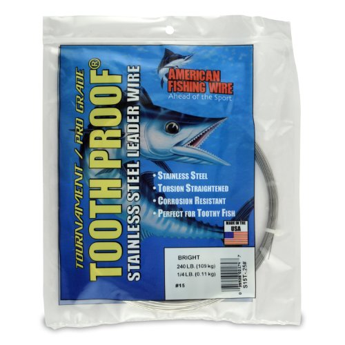 American Fishing Wire Tooth Proof Stainless Steel Single Strand Leader Wire, Size 15, Bright Color, 240 Pound Test, 1/4 Pound Coil