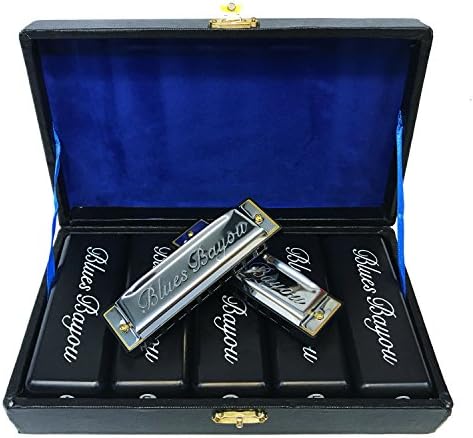 Harmonica 5 Piece Set With Case By Blues Bayou. In Keys Of A, C, D, E, G. Packaged In A Wooden Box With Individual Cases For Each 10 Hole Diatonic Harmonica.