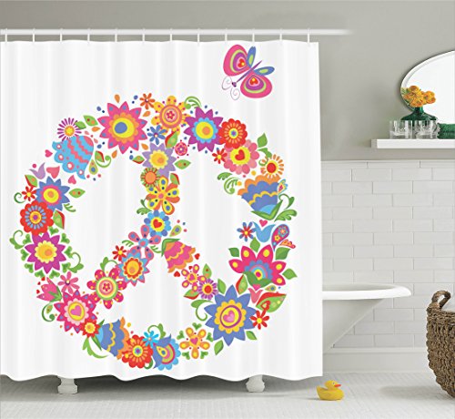 Pink Shower Curtain Hippie Decor By Ambesonne Peace Sign With Flowers Colorful Illustration Print World Dream Image Polyester Fabric Bathroom Set With Hooks 75 Inches Long White Pink Hippie Home Decor