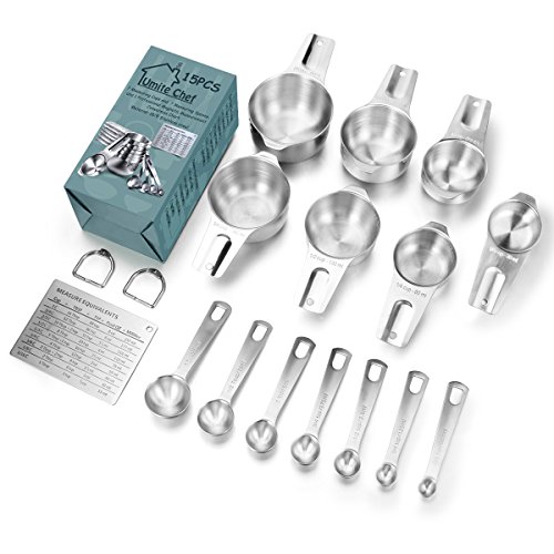Engraved Measuring Cups Spoons Set, Umite Chef Round Teaspoons Made of 304 Stainless Steel, 7 Cups,7 Spoons, 1 Magnetic Measurement Conversion Chart, Volume 1/8 Tsp/0.63 ML to 1 Tbsp/15 ML