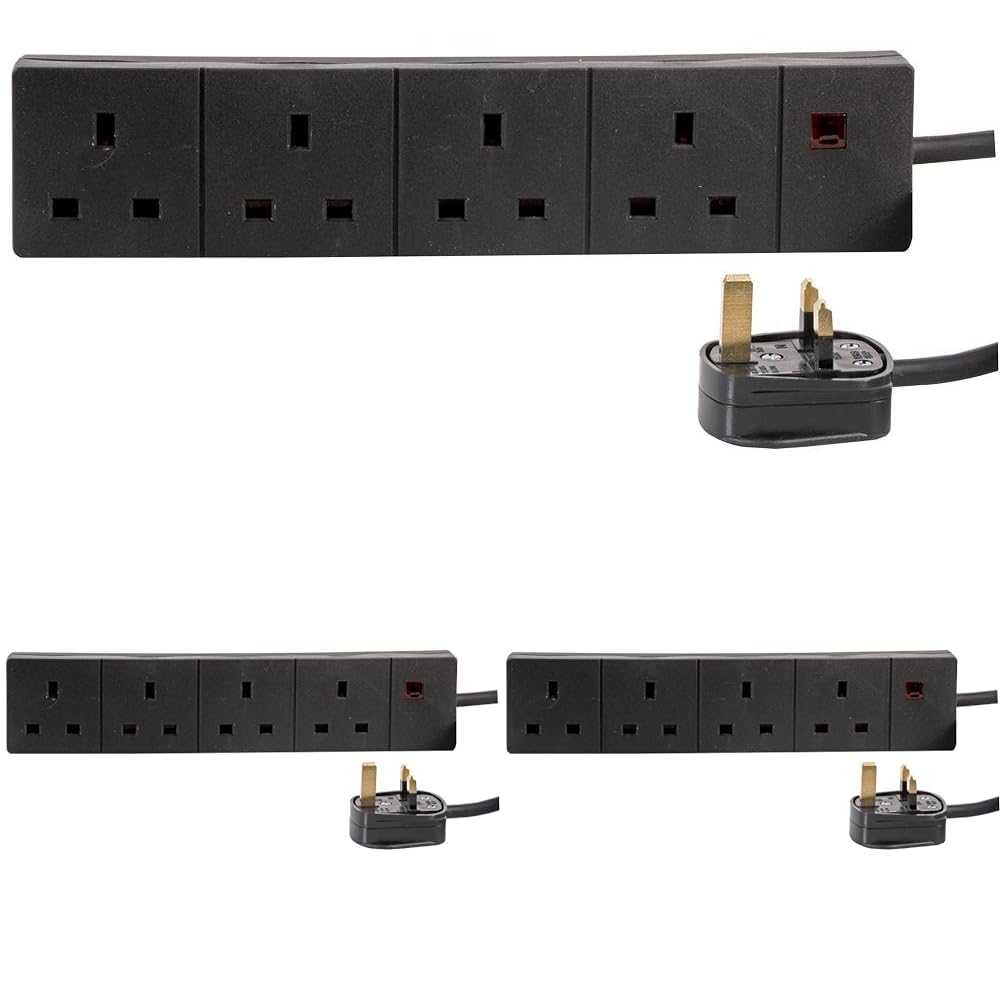 Pro Elec PELB1520 4-Gang Extension, Black, 1m Lead (Pack of 3)
