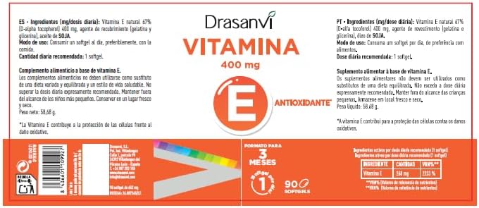 Drasanvi Vitamina E Natural 400mg de Alta Potência em 90 Softgels Sem Glúten