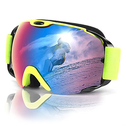 MeeQee Ski Goggles, Snow Sports Goggles Over Glasses for Men & Women, Anti-fog 100% UV Protection Ski Glasses Helmet Compatible Snowboard Goggles with Detachable Lens & Strap - Brown REVO Mirror Green - Thumbnail 7