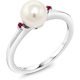 Gem Stone King 10K White Gold 7mm Cultured Freshwater Pearl Women Engagement Ring with Red Created Ruby