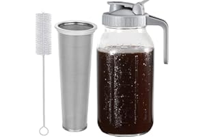 WEETALL Cold Brew Coffee Maker Pitcher, 64oz Thick Glass Multipurpose Mason Pitcher Spout Lid with Wider Handle & Stainless Steel Filter for Iced Coffee, Lemonade, Ice Tea, Homemade Fruit Drinks, Grey