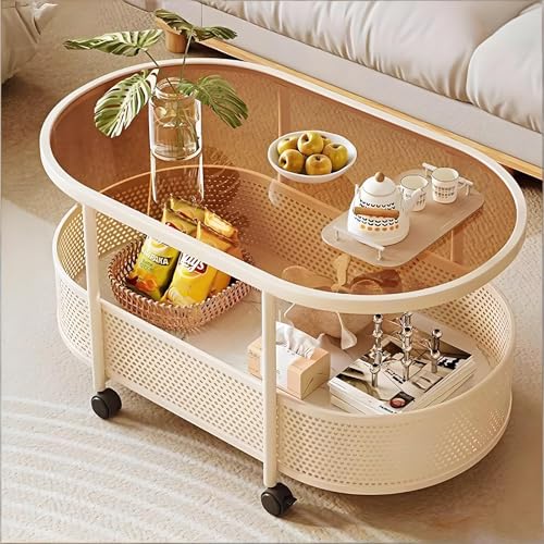 ALISMAEEL Coffee Table Movable Round Side Table 2-Tier End Table with Braked Universal Wheels, Open Double-Layer Storage Scratch-resistant High-temperature, Easy-to-clean Glass (60 * 40 * 50 cm)
