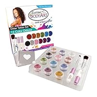 Custom Body Art Glitter Tattoo Kit with 12 Large Glitter Colors, 30 Uniquely Themed Temporary Tattoo Stencils, 2 Glue Applicator Bottles & 2 Glitter Brushes for Children, Teenagers & Adults