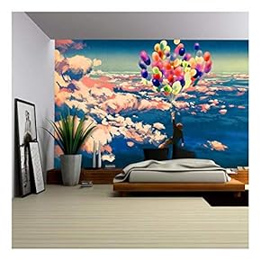 Illustration - Man Flying with Colorful Balloons in Beautiful Cloudy Sky,Illustration Painting - Removable Wall Mural | Self-Adhesive Large Wallpaper - 66x96 inches