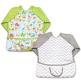 Luxja Baby Waterproof Sleeved Bib, Long Sleeve Bib for Toddler (6-24 Months), Animal World + Gray Chevron