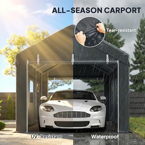 Outsunny 10' x 20' Carport Portable Garage Heavy Duty, Dark Grey | Car Port Canopy, 2 Roll-up Doors, 6 Ventilated Windows, for Car, Truck, Boat, Garden Tools