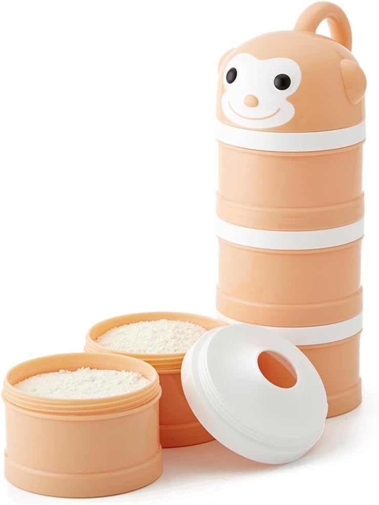 Formula Dispenser, Stackable Portable 3 Compartments Milk Powder Dispenser & Snack Container by Udaone-with Handle & 3 Funnel Lids/ 360ML 0M+ (Orange Monkey)