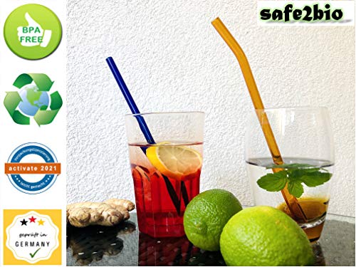 safe2bio 6 Stück farbige Premium Strohhalme aus Glas inkl. 2 Reinigungsbürsten, Trinkhalme bunt 20 cm lang, Glasstrohalme AD 8 mm, Trinkhalm recyclebar, Cocktail, Smoothie, gebogen – Bild 6