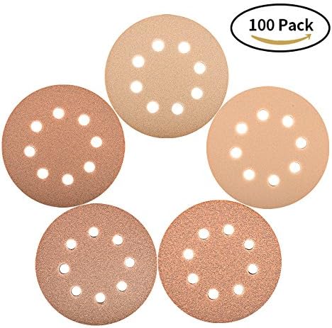 100 Pack Sanding Discs, SZUAH 5 Inch 8 Hole Sanding Disks, Hook and Loop Design Sandpaper Sander Paper Assorted 60/80/120/150/240 Grits (20pcs of Each Grit) for Random Orbit Sanders
