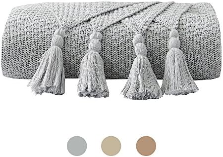 DOMIKING 100% Cotton Knitted Throws and Blankets for Sofa Couch Bed Multiple Used Special Tassels Blanket Lightweight Grey Throw Four-Season Use,51"x67" …