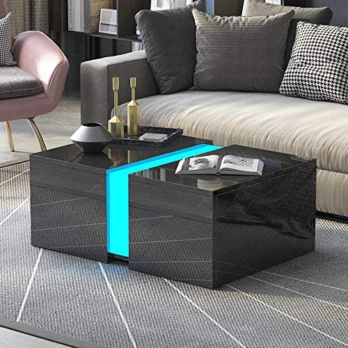 Wonderlife Coffee Table High Gloss Tea Table with Black Side End Table for Living Room Rectangle Furniture with Acrylic Decoration and 12 Colors Led Light