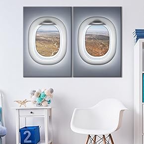 2 Panel Canvas Wall Art - Grey Plane Window Seat View Overlooking Desert Plains - Giclee Print Gallery Wrap Modern Home Art Ready to Hang - 16"x24" x 2 Panels