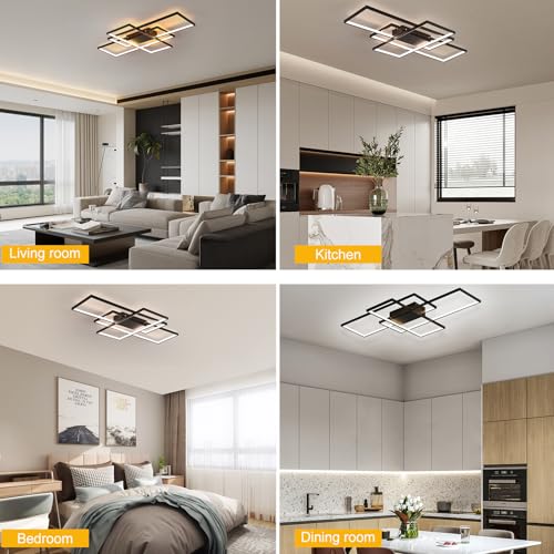 Luz de techo LED moderna geadi, luz de techo incorporada ajustable en negro de 35“, 3 lámparas de techo cuadrado, adecuada para comedor de dormitorio de Sala de techo bajo (50w, 3000k-6500k)