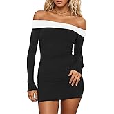 HYPERFIRE Women's Sexy Elegant Off The Shoulder Ribbed Long Sleeve Dress Party Mini Dresses