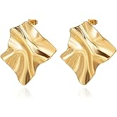 Statement Geometric Square Earrings for Women Unisex,Stainless Steel Medium Fashion Texture Irregular Minimalism Earrings,Trendy Ripple Unique Boho Earrings,Metal Modern Rectangle Jewelry