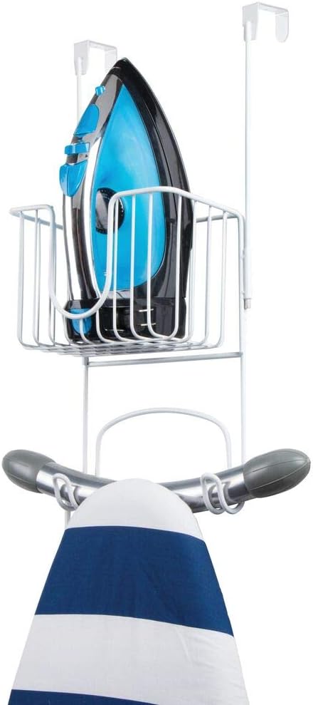 mDesign Metal Wire Over Door Hanging Ironing Board Holder with Small Storage Basket - Organizer Holds Iron, Board, Spray Bottles, Starch, Fabric Refresher - for Laundry, Utility Room, Closet - White: Home & Kitchen