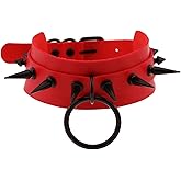 Tosmifairy Red Spike Collar for Womens, Gothic Punk Choker, Soft Faux Leather Necklace with Ring, Adjustable Length 11-15 Inches