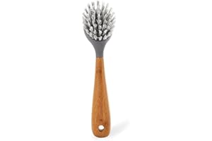 Full Circle Tenacious C Cast Iron Brush and Scraper with Bamboo Handle – Skillet Scrubber with Tough Nylon Bristles, Grey, On