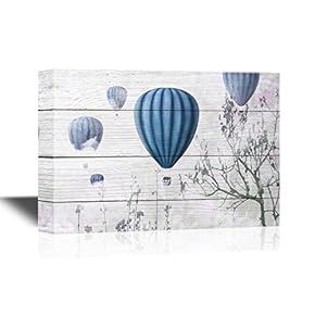 Canvas Wall Art - Blue Hot Air Balloons on Wooden Background - Gallery Wrap Modern Home Art | Ready to Hang - 12x18 inches