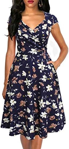 Lyrur Women's Elegant Ruched V-Neck Flared A-Line Cap Sleeves Swing Casual Party Cocktail Dresses with Pockets