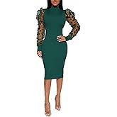 Annystore Women's Elegant Mock Neck Sheer Long Sleeve Mesh Bodycon Dress Ribbed Club Party Pencil Midi Dresses Clubwear
