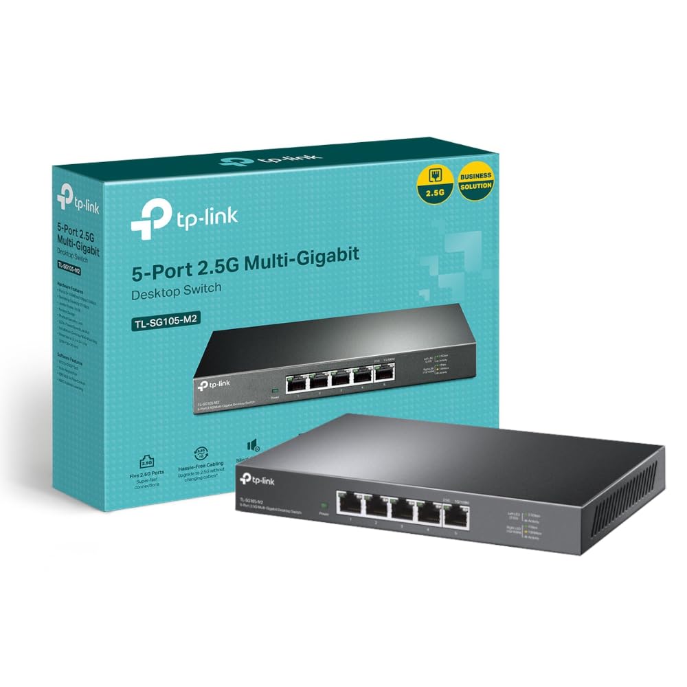 TP-Link TL-SG105-M2 5-Port 2.5Gbps Network Switch, Desktop & Wall-Mounting, Plug and Play Ethernet Splitter, Silent Operation, Metal Casing, Super-fast Connection to 2.5G NAS/Server/Gaming/AP/4K Video