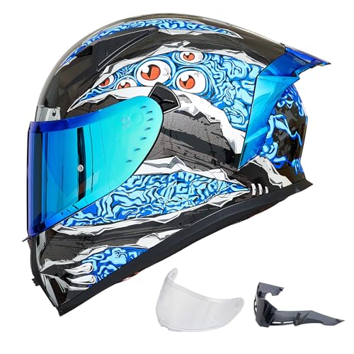 ILM Full Face Motorcycle Helmet for Men and Women – Motorcycle Helmet with 2 Visors Compatible with Pinlock Transparent and Coloured – Motocross Street Bike Helmet ECE Model Z501, Manta Blue, S
