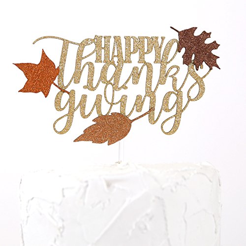 NANASUKO Cake Topper - HAPPY thanksgiving - Premium quality Made in USA - gold glitter with fall colors leaves