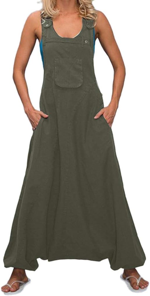 NEEDRA SALES Jumpsuits Women Plus Size U Neck Sleeveless Backless Side Pockets Baggy Long Jumpsuits (Green, UK 22(XXXXXL))